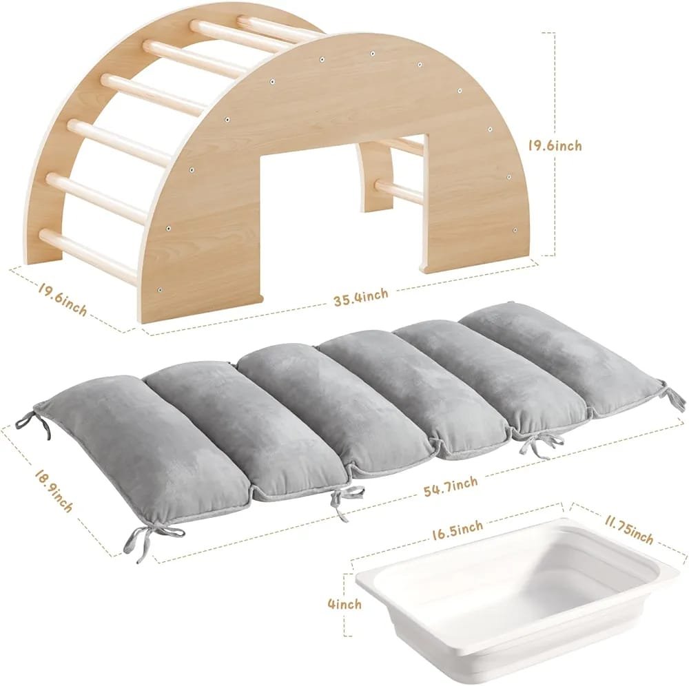 3-in-1 Wooden Montessori Climbing Arch, Rocker & Play Table with Double-Sided Cushion and Sensory Tray - Image 4