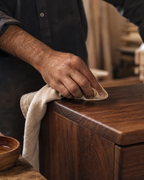 Artisan hand finishing solid wood
