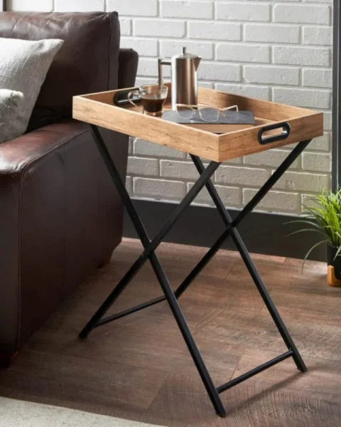 Foldable Wooden Tray Table | Portable Side Table with Metal Frame