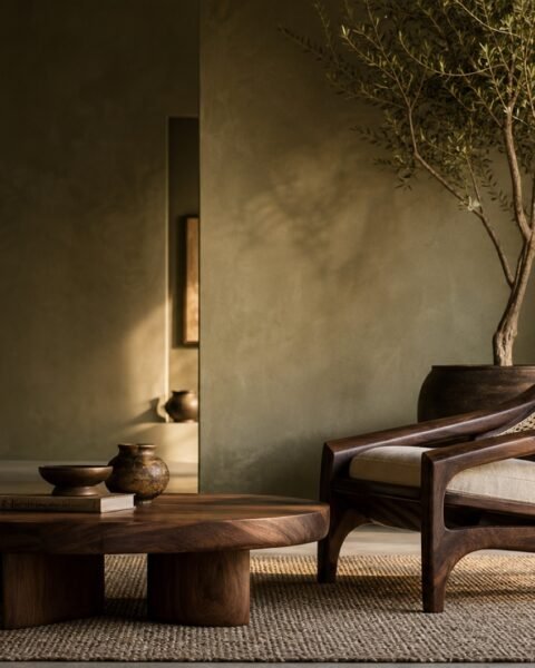 Walnut lounge chair in a warm living room