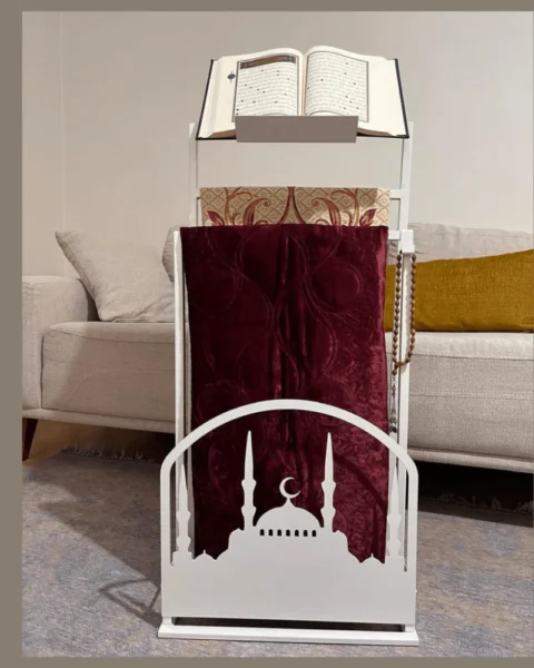 Metal Quran & Prayer Mat Stand with Mosque Design | Floor Standing Islamic Organizer